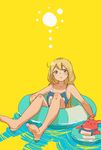  :o afloat bad_feet bangs bare_legs barefoot blonde_hair blue_swimsuit blush bouen brown_eyes commentary_request eyebrows_visible_through_hair futaba_anzu highres idolmaster idolmaster_cinderella_girls innertube long_hair looking_at_viewer looking_away low_twintails name_tag open_mouth parted_lips school_swimsuit side_ahoge simple_background sitting solo stuffed_animal stuffed_bunny stuffed_toy swimsuit twintails yellow_background 