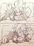  1boy 1girl bed bed_sheet black_hair chi-chi_(dragon_ball) couple dragon_ball dragon_ball_z expressionless hetero long_hair looking_at_another monochrome panels pillow short_hair simple_background sleeping sleepy son_gokuu speech_bubble spiked_hair super_saiyan sweatdrop thought_bubble tkgsize translation_request 