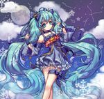  absurdly_long_hair albinoraccoon aqua_eyes aqua_hair bangs blue_dress cloud constellation dated dress earrings feet_out_of_frame full_moon hair_ornament hairclip hatsune_miku highres jewelry long_hair looking_at_viewer moon signature snowflakes solo star_night_snow_(vocaloid) twintails v very_long_hair vocaloid yuki_miku yuki_miku_(2017) 