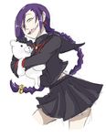  bell black_skirt braid chikujouin_magane danganronpa drawfag jingle_bell long_hair looking_at_viewer monokuma open_mouth purple_hair re:creators school_uniform serafuku sharp_teeth sketch skirt standing teeth torii_earrings yellow_eyes 