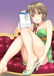  bare_shoulders blush braid breasts brown_eyes brown_hair cleavage commentary_request couch cum cum_on_body cum_on_lower_body disgust dress envelope feet green_dress hair_over_shoulder high_heels highres idolmaster idolmaster_cinderella_girls idolmaster_cinderella_girls_starlight_stage jakelian long_hair looking_at_viewer medium_breasts putting_on_shoes senkawa_chihiro single_braid sitting solo strapless strapless_dress 