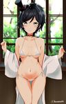  ahoge ass_visible_through_thighs bangs bare_shoulders bikini black_hair black_neckwear blurry blurry_background blush breasts bush closed_mouth collarbone commentary_request eyebrows_visible_through_hair front-tie_bikini front-tie_top green_eyes hat indoors kantai_collection long_sleeves looking_at_viewer matsukaze_(kantai_collection) mini_hat mini_top_hat navel off_shoulder short_hair side-tie_bikini skindentation small_breasts smile solo swept_bangs swimsuit takaharu thigh_gap top_hat twitter_username upper_body white_bikini wide_hips wide_sleeves window wooden_wall 