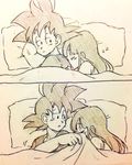  1girl back_turned bed bed_sheet black_eyes black_hair chi-chi_(dragon_ball) closed_eyes comic couple dragon_ball expressionless long_hair looking_at_another monochrome panels pillow short_hair silent_comic simple_background sleeping sleepy son_gokuu spiked_hair tkgsize zzz 