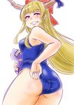  adjusting_clothes adjusting_swimsuit armpit_peek ass bare_arms bare_shoulders blonde_hair bow cowboy_shot eyebrows_visible_through_hair from_behind gourd grin hair_bow half-closed_eyes highres holding horn_ribbon horns ibuki_suika lips long_hair looking_at_viewer looking_back naughty_face one-piece_swimsuit oni red_eyes ribbon shiraue_yuu simple_background smile solo standing swimsuit touhou white_background 
