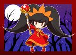  arm_up ascot ashley_(warioware) bangs bare_tree big_hair black_hair black_legwear chibi commentary dress full_body hair_ornament holding holding_wand long_hair looking_at_viewer mazume night night_sky orange_neckwear orb outdoors outstretched_arms pantyhose red_dress red_eyes red_footwear shoes sidelocks skull sky solo spread_arms standing star_(sky) starry_sky tree twintails wand warioware 