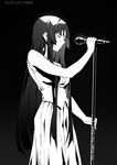  akiyama_mio closed_eyes dated dress expressionless eyebrows_visible_through_hair greyscale highres hime_cut k-on! long_hair microphone microphone_stand monochrome sleeveless sleeveless_dress solo very_long_hair zjm530280188 
