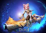  animal_ears armor artist_request blue_eyes bodysuit braid cannon copyright_name elin_(tera) gun high_heels huge_weapon legs_up long_hair looking_at_viewer official_art open_mouth outstretched_arms pink_hair raccoon_ears shoes sidesaddle sitting smile solo spread_legs tera_online twin_braids twintails weapon 