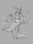  2016 3_toes 4_fingers anthro barefoot canine carrot_pen carrying claws clothing diablera digital_drawing_(artwork) digital_media_(artwork) disney duo fox grey_background happy hi_res inner_ear_fluff judy_hopps lagomorph looking_at_viewer looking_away looking_up mammal necktie nick_wilde open_mouth open_smile pants rabbit shirt signature simple_background smile spot_color toe_claws toes uniform url zootopia 