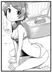  artist_name bikini breasts food fruit greyscale kantai_collection kneeling looking_at_viewer mogami_(kantai_collection) mogamiya_honu monochrome short_hair sitting small_breasts smile solo swimsuit wariza watermelon 