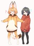  :d ^_^ adapted_costume animal_ears animal_print arare_mochiko black_eyes black_hair blush closed_eyes commentary fang flying_sweatdrops headwear_removed highres hood hoodie kaban_(kemono_friends) kemono_friends multiple_girls no_shoes open_mouth outstretched_arms pantyhose print_hoodie print_legwear red_hoodie serval_(kemono_friends) serval_ears serval_print serval_tail short_hair sleeves_past_wrists smile tail 