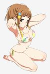  adjusting_clothes adjusting_swimsuit arched_back armpits bangs bare_legs barefoot bikini blunt_bangs bouen braid breasts brown_eyes brown_hair commentary_request feet full_body hair_ornament hairclip highres idolmaster idolmaster_cinderella_girls kitami_yuzu looking_at_viewer medium_breasts navel open_mouth print_bikini seiza short_hair side-tie_bikini side_braid sidelocks simple_background sitting soles solo swimsuit toes 