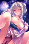  argyle blonde_hair blush braid breasts breasts_outside brown_eyes fireworks flower hair_bun hair_flower hair_ornament highres japanese_clothes kimono large_breasts looking_at_viewer night night_sky nipples no_bra open_clothes original panties pink_panties pussy_juice pussy_juice_trail ryo short_hair sky solo spread_legs sweat underwear wet wet_clothes wet_panties yukata 