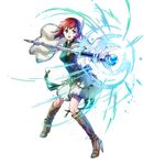  boots breasts cape feathers fire_emblem fire_emblem:_rekka_no_ken fire_emblem_heroes full_body green_eyes high_heel_boots high_heels highres kaya8 knee_boots looking_at_viewer medium_breasts official_art open_mouth priscilla_(fire_emblem) red_hair ribbon see-through serious solo staff teeth transparent_background 