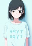  bangs black_hair blue_shirt bouen brown_eyes closed_mouth clothes_writing collarbone commentary_request expressionless highres looking_at_viewer mole mole_on_neck original shadow shirt short_hair short_sleeves sidelocks solo swept_bangs t-shirt tareme uniqlo upper_body 