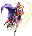  armor axe blonde_hair boots cape fire_emblem fire_emblem:_fuuin_no_tsurugi fire_emblem_heroes full_body gloves highres male_focus nacien official_art open_mouth solo teeth transparent_background weapon yamada_koutarou 