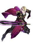  armor attack belt black_armor blonde_hair cape circlet curly_hair fire_emblem fire_emblem_heroes fire_emblem_if full_body gauntlets greaves highres holding holding_sword holding_weapon maeshima_shigeki male_focus marks_(fire_emblem_if) multiple_belts official_art purple_cape red_eyes serious shoulder_pads siegfried_(sword) solo sword teeth transparent_background weapon 