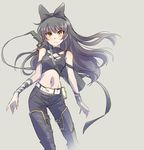  black_hair blake_belladonna bow commentary_request gambol_shroud hair_bow highres iesupa long_hair looking_at_viewer navel rwby solo weapon yellow_eyes 