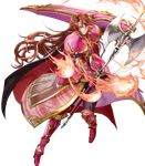  armored_boots boots brown_hair fire fire_emblem fire_emblem:_monshou_no_nazo fire_emblem:_shin_monshou_no_nazo fire_emblem_heroes full_body gloves highres knee_boots long_hair mayo_(becky2006) official_art pink_footwear red_eyes sheema shield solo teeth transparent_background very_long_hair 