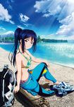  arm_support artist_request bangs barefoot beach bikini blue_hair breasts cleavage cloud cloudy_sky crossed_legs day diving_mask diving_suit flippers floral_print forest from_side hair_intakes highres leaf_print lens_flare log logo looking_at_viewer love_live! love_live!_sunshine!! matsuura_kanan medium_breasts mountain nature official_art outdoors oxygen_tank ponytail purple_eyes sitting sky smile snorkel swimsuit torii tree twisted_torso water wetsuit wood 