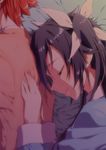  1girl alternate_costume black_hair closed_eyes from_above hair_ribbon hands_on_another's_back head_on_back long_hair lying mitsuka_souji on_bed on_side open_mouth ore_twintail_ni_narimasu parted_lips profile red_hair ribbon sleeping sleepwear smile tsube_aika twintails yuto_(dialique) 