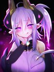  ahoge blush closed_mouth demon_tail eteru_(mofuaki) eyebrows_visible_through_hair glowing glowing_eyes horns looking_at_viewer mofuaki original pointy_ears purple_eyes short_hair smile solo tail tongue tongue_out upper_body white_hair 