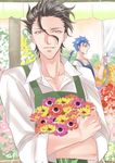  ahoge apron bad_id bad_pixiv_id black_hair blue_hair bouquet casual fate/hollow_ataraxia fate/stay_night fate/zero fate_(series) flower flower_shop hose kurusushiki lancer lancer_(fate/zero) male_focus mole mole_under_eye multiple_boys ponytail shop yellow_eyes 