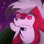  2017 abra_the_kadabra ambiguous_gender black_nose digital_media_(artwork) feral frown fur looking_up lycanroc midnight_lycanroc multicolored_fur nintendo pink_eyes pok&eacute;mon red_fur simple_background sky solo star two_tone_fur video_games white_fur 