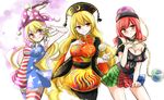 absurdres american_flag_dress american_flag_legwear armpits black_shirt blonde_hair breasts chain chinese_clothes cleavage clothes_writing clownpiece collar contrapposto earth_(ornament) hat headdress hecatia_lapislazuli highres hisin jester_cap junko_(touhou) large_breasts long_hair medium_breasts moon_(ornament) multicolored multicolored_clothes multicolored_skirt multiple_girls neck_ruff older orange_eyes polos_crown red_eyes red_hair shirt skirt smile standing tabard thighhighs torch touhou v very_long_hair white_background wide_sleeves 