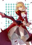  :d absurdres ahoge armored_boots blonde_hair boots breasts cleavage fate/extra fate_(series) green_eyes hair_ribbon highres holding holding_sword holding_weapon lanzi_(415460661) leotard looking_at_viewer medium_breasts nero_claudius_(fate) nero_claudius_(fate)_(all) open_mouth red_ribbon ribbon see-through short_hair smile solo sword weapon white_background white_leotard 