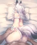  1girl all_fours animal_ears ass bangs bed_sheet bee_(deadflow) blush censored closed_mouth clothed_female_nude_male clothing_aside commentary_request condom dark_skin dark_skinned_male doggystyle elbow_gloves fox_ears fox_tail gloves hand_on_another's_ass hetero highres leotard leotard_aside long_hair looking_at_viewer mosaic_censoring nude on_bed original pillow pillow_grab sex solo_focus sweat tail used_condom vaginal wavy_hair white_gloves white_hair white_leotard 