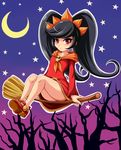  ashley_(warioware) bangs big_hair black_hair blush broom broom_riding closed_mouth collarbone crescent_moon dress flat_chest full_body gradient gradient_background hairband halloween highres long_hair long_sleeves moon neckerchief night night_sky no_legwear orange_hairband orange_neckwear outline red_dress red_eyes red_footwear shoes sidesaddle sigurd_hosenfeld skull sky solo star tree twintails two-tone_background upskirt very_long_hair warioware white_outline 