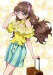  adjusting_hair amanogawa_kirara arm_support bangs bare_shoulders blouse brown_hair closed_mouth commentary_request cowboy_shot earrings eyebrows_visible_through_hair frilled_blouse go!_princess_precure green_shorts hairband holding jewelry leaning_back long_hair looking_at_viewer nakahira_guy precure purple_eyes purple_hairband short_sleeves shorts smile solo standing star star_earrings striped suitcase travel twintails vertical-striped_shorts vertical_stripes yellow_blouse 