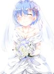  blue_hair bouquet breasts bridal_veil cleavage closed_eyes collarbone cowboy_shot crying dress eyebrows_visible_through_hair flower hair_between_eyes hair_ribbon highres hiiragi_kifuyu holding holding_bouquet medium_breasts pink_ribbon re:zero_kara_hajimeru_isekai_seikatsu rem_(re:zero) ribbon short_hair simple_background sleeveless sleeveless_dress smile solo standing tears veil wedding_dress white_background white_dress white_flower 