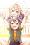  2girls ahoge aqua_eyes belt black_shorts blonde_hair blush bracelet brown_hair collarbone doi_tamako eda_udon english_text eyebrows_visible_through_hair green_eyes green_shirt hair_ornament hairclip hand_on_another&#039;s_head happy_birthday head_tilt iyojima_anzu jewelry kneeling long_hair long_sleeves looking_at_viewer multiple_girls nogi_wakaba_wa_yuusha_de_aru orange_shirt outstretched_arms own_hands_together petals shirt shoes short_sleeves shorts sitting tied_shirt v-shaped_eyebrows white_background yuusha_de_aru 