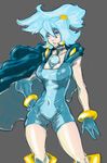  1girl bare_arms bare_thighs blue_eyes blue_gloves blue_hair bracelet breasts cape cleavage covered_navel earrings epaulettes floating_hair flowing_hair gloves grey_background gym_leader hair_ornament hand_on_hip high_ponytail ibuki_(pokemon) jipeto large_breasts long_hair navel pearl pokemon pokemon_(game) pokemon_hgss ponytail simple_background solo 