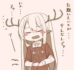  &gt;_&lt; animal_ears antlers bangs blush_stickers eyebrows_visible_through_hair fang hair_between_eyes hitoshi hungry long_hair long_sleeves monochrome open_mouth original pointy_ears sepia sidelocks smile solo stomach_growling tabard 