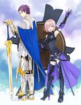  1girl :d arm_up armor armored_boots blue_cape boots breasts breasts_apart cape day elbow_gloves fate/grand_order fate_(series) father_and_daughter full_body gauntlets gloves hair_over_one_eye high_heel_boots high_heels holding holding_sword holding_weapon lancelot_(fate/grand_order) looking_at_viewer mash_kyrielight medium_breasts open_mouth outdoors pink_hair purple_eyes purple_hair short_hair shoulder_armor smile spaulders spiked_hair standing sword takamura_yue thigh_boots thighhighs weapon 