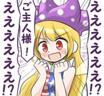  american_flag_dress bare_shoulders blonde_hair blush clownpiece commentary_request dress emphasis_lines hat highres hisin jester_cap long_hair open_mouth red_eyes sleeveless sleeveless_dress solo speech_bubble star striped striped_dress touhou translated white_background 