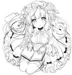  :o bangs blunt_bangs book bow breasts capelet commentary_request crescent crescent_hair_ornament dress full_body greyscale hair_bow hair_ornament hat large_breasts long_hair looking_at_viewer mob_cap monochrome patchouli_knowledge seiza shiika_yuno simple_background sitting sketch solo touhou white_background 