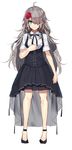  absurdres ahoge aosaki_yukina arm_at_side bangs black_footwear black_ribbon collared_shirt commentary_request corset eyebrows_visible_through_hair flower full_body green_eyes grey_hair hair_flower hair_ornament hair_over_one_eye highres long_hair looking_at_viewer neck_ribbon original red_flower red_rose ribbon rose shirt short_sleeves simple_background sketch smile solo standing strappy_heels striped striped_shirt swept_bangs vertical-striped_shirt vertical_stripes very_long_hair white_background 