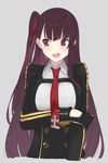  bangs black_gloves blush collared_shirt commentary_request cropped_torso double-breasted eyebrows_visible_through_hair fhang girls_frontline gloves long_hair long_sleeves looking_to_the_side military military_uniform necktie one_side_up open_mouth purple_hair red_eyes red_neckwear shirt solo teeth underbust uniform upper_body wa2000_(girls_frontline) white_shirt 