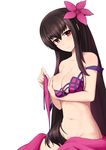  bad_id bad_pixiv_id bikini black_hair bottomless breasts cleavage collarbone covering covering_breasts eyebrows_visible_through_hair fate/grand_order fate_(series) fedsnk flower groin hair_between_eyes hair_flower hair_ornament highres holding long_hair looking_at_viewer medium_breasts off_shoulder purple_bikini_top purple_flower red_eyes scathach_(fate)_(all) scathach_(fate/grand_order) shiny shiny_skin sideboob simple_background sitting solo swimsuit untied untied_bikini very_long_hair white_background 