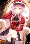  absurdres alluring_chief_warden_look black_footwear black_skirt blush boots breasts closed_mouth crossed_legs eyebrows_visible_through_hair fate/grand_order fate_(series) gloves hat highres junpaku_karen knee_boots large_breasts looking_at_viewer medb_(fate)_(all) medb_(fate/grand_order) pink_hair red_hat short_hair sitting skirt solo white_gloves yellow_eyes 