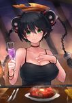  absurdres ar_tonelico bangs black_hair black_shirt bracelet braid breast_suppress breasts champagne_flute choker cleavage closed_mouth collarbone commentary covered_nipples cup drink drinking_glass eyebrows_visible_through_hair food fork green_eyes hair_between_eyes hand_on_own_chest hat headgear highres holding holding_cup jewelry knife large_breasts long_hair looking_at_viewer misha_arsellec_lune neonbeat plate pov_across_table restaurant shirt signature sleeveless smile solo spaghetti_strap steak steam table taut_clothes twin_braids upper_body 