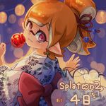  alternate_hairstyle bangs blunt_bangs candy_apple closed_mouth conomi-c5 copyright_name domino_mask earrings food from_behind hair_ornament hair_up holding holding_food inkling japanese_clothes jewelry kimono light_smile looking_at_viewer looking_back mask pointy_ears print_kimono short_hair solo splatoon_(series) splatoon_2 splattershot_(splatoon) standing tentacle_hair twitter_username white_kimono 