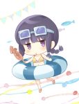  1girl bikini black_hair blush braid eyebrows_visible_through_hair food holding holding_food ikayaki innertube kantai_collection kitakami_(kantai_collection) komi_zumiko long_hair navel purple_eyes single_braid solo swimsuit yellow_bikini 