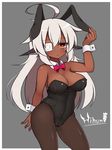  ahoge animal_ears breasts bunny_ears bunnysuit character_name dark_skin detached_collar eyepatch fishnet_pantyhose fishnets haniwagi_(hal) large_breasts leotard long_hair looking_at_viewer original pantyhose simple_background solo strapless strapless_leotard unmoving_pattern white_hair wrist_cuffs 