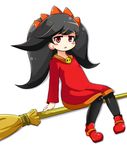  ashley_(warioware) bamboo_broom bangs big_hair black_hair black_legwear blush_stickers broom broom_riding commentary_request dress eyebrows_visible_through_hair flat_chest full_body hairband highres korutana long_hair long_sleeves looking_at_viewer open_mouth orange_hairband pantyhose red_dress red_eyes red_footwear shadow shoes sidesaddle skull solo twintails warioware white_background 