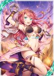  akkijin aqua_eyes arabian_clothes armpits blue_sky boots bra braid bridal_gauntlets card_(medium) chakram fire gauntlets looking_at_viewer mountain official_art open_mouth red_hair shinkai_no_valkyrie sky underwear weapon 