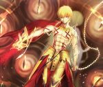  abs armor back-to-back bangs bare_chest blonde_hair cape chain clenched_hand commentary_request ea_(fate/stay_night) earrings enkidu_(weapon) fate/stay_night fate/strange_fake fate_(series) faulds gate_of_babylon gilgamesh gold_armor green_hair highres holding holding_weapon jewelry long_hair looking_at_viewer male_focus multiple_boys muscle necklace red_cape red_eyes reluvy shirtless tattoo weapon 